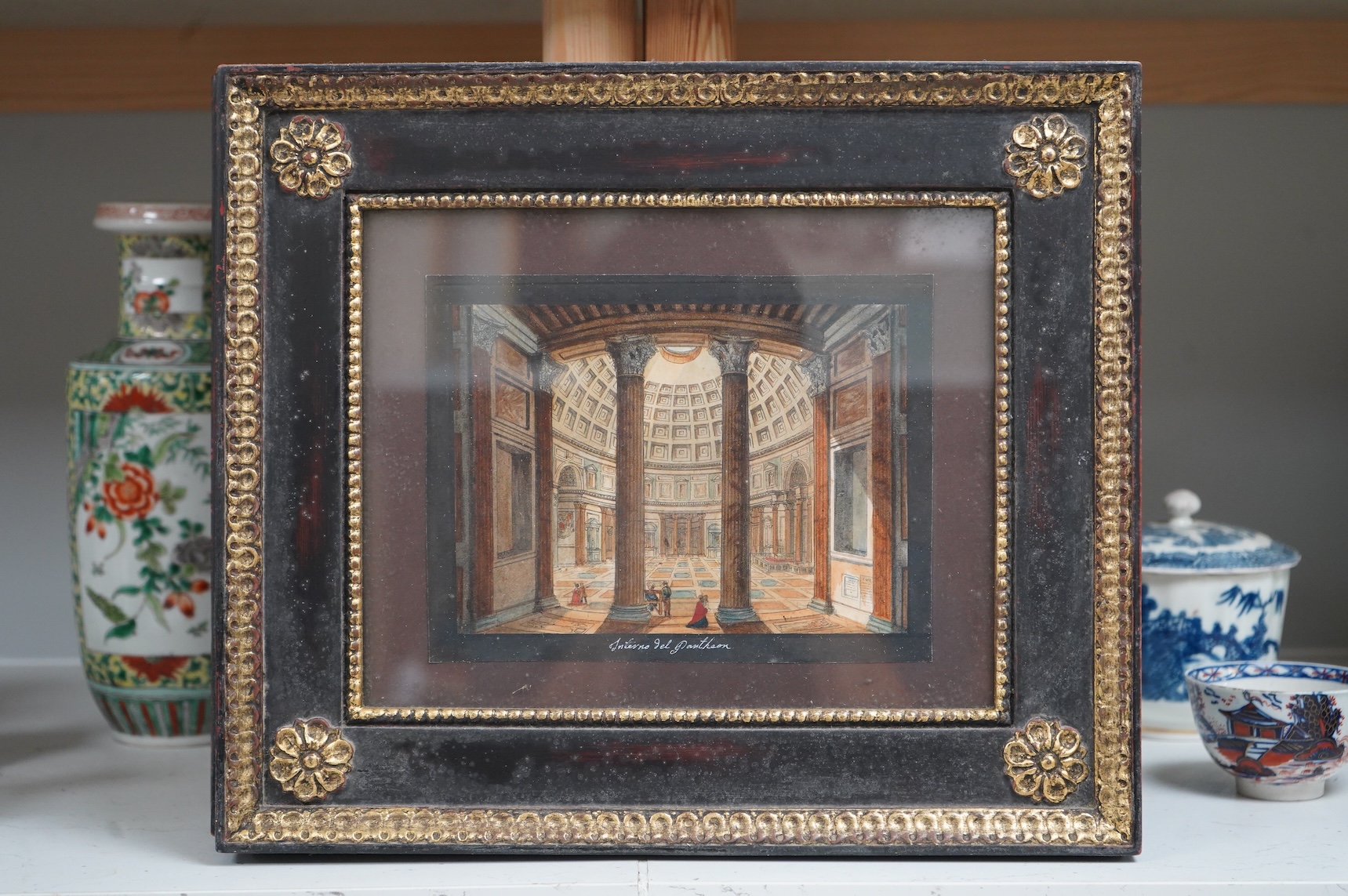 A set of five 18th / 19th century hand coloured engravings, Views of Rome, to include ‘Ponte S. Angelo’ and ‘Coloseo’, 15 x 18.5cm, each housed in ebonised gilt frames